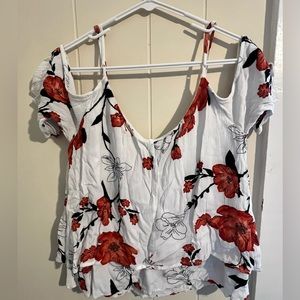 White and floral, cold shoulder top with adjustable straps